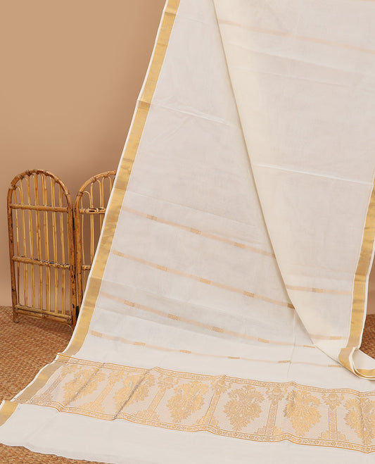 Cream kerala saree with zari designs, zari border & pallu of intricate zari designs