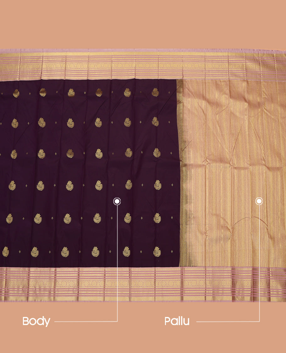 Wine Budget Silk Saree, Finely Crafted with Zari Buttas, a Contrast Traditional Zari Border, Geometric Pallu, and a Contrast Blouse