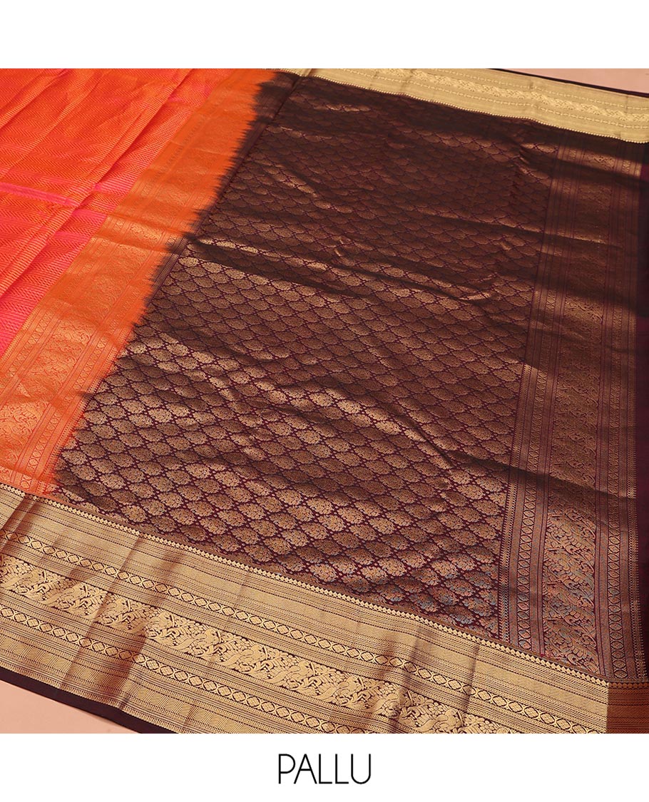 Pink Vasundhara Silk Saree, Beautifully Bedecked with Zari Stripes on Its Body, Complemented by a Contrast Border of Thilakam Mokku, Kathir, Vanki, Mayil, and Laddu Kamalam Designs, Majestically Detailed Jaal Pallu, and Paired with a Contrast Blouse