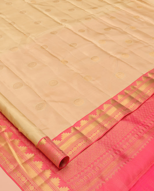 Sandal Vasundhara Lite Silk Mix Saree, Sparsely Sparkled with Chakram Buttas, a Contrast Border of Thazampoo Rekku, Neli, Mayil Kann, and Rudhraksham, Grand Pallu, and a Contrast Blouse