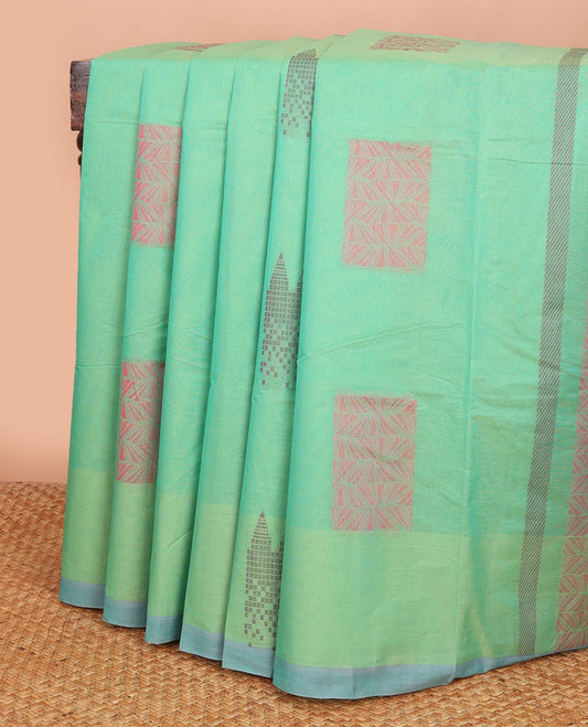 Green buttas Combatiore cotton saree, contrast plain border & geometric patterned pallu
