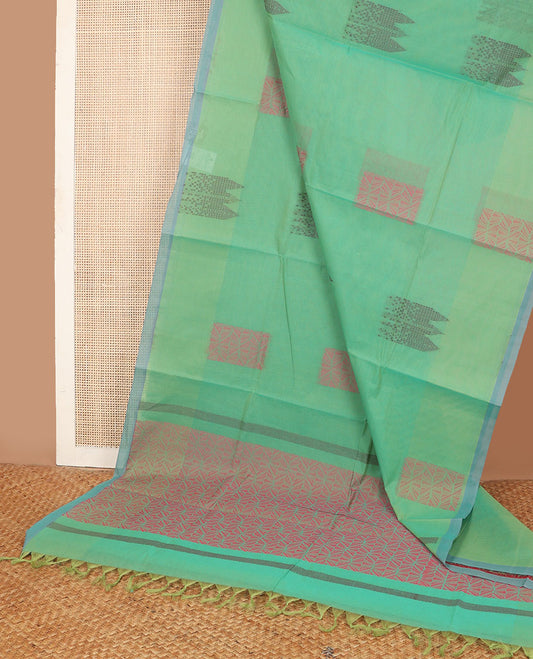 Green buttas Combatiore cotton saree, contrast plain border & geometric patterned pallu