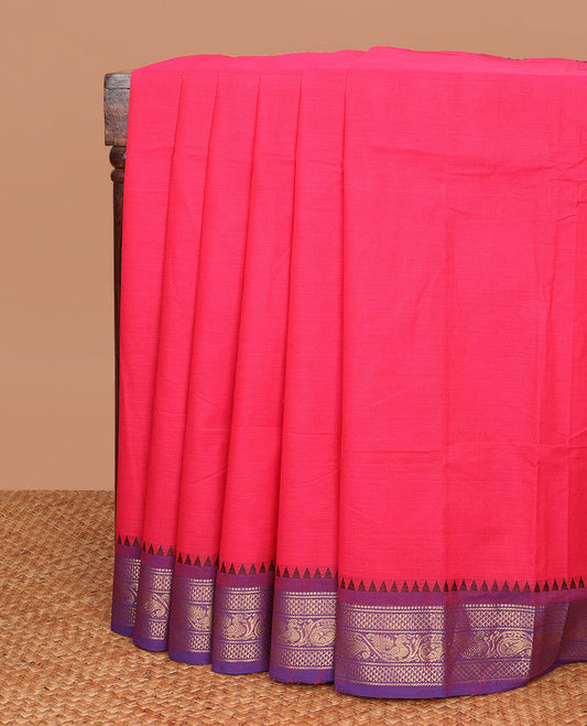 Pink plain Chettinad cotton saree, contrast traditional design temple border & pallu of stripes