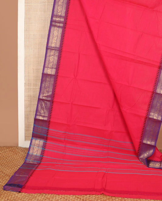 Pink plain Chettinad cotton saree, contrast traditional design temple border & pallu of stripes