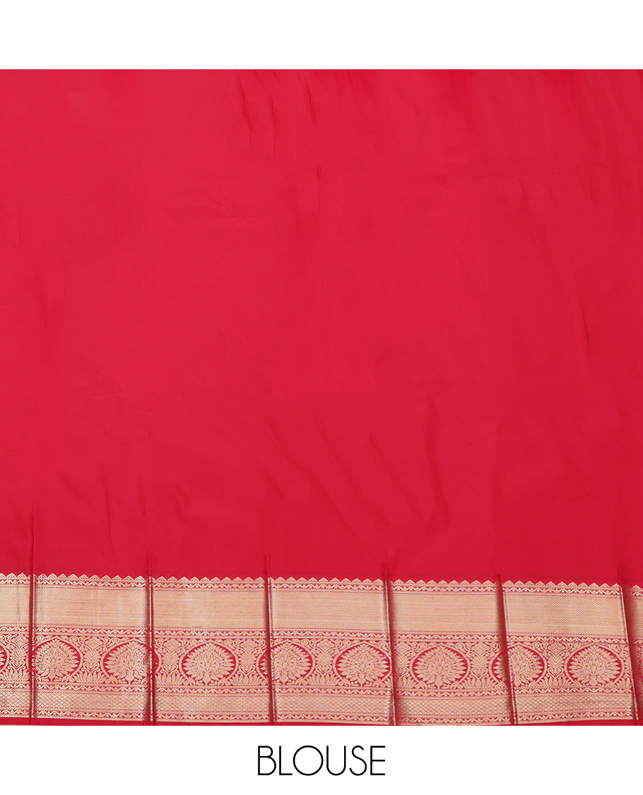 Violet Budget Silk Saree, Detailed with Zari Buttas, Complemented by a Contrast Traditional Zari Border, Grand Jaal Pallu, and Contrast Blouse