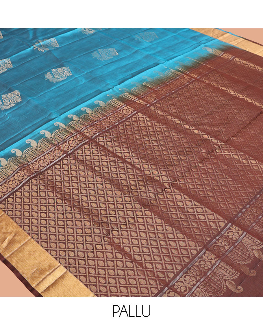Blue Mayuri Lite Silk Mix Saree, Sparsely Woven with Zari Buttas on Its Body, Highlighted by Zari Bavanji Border, Complemented by a Contrast Pallu of Jaal Designs, and Paired with a Contrast Blouse