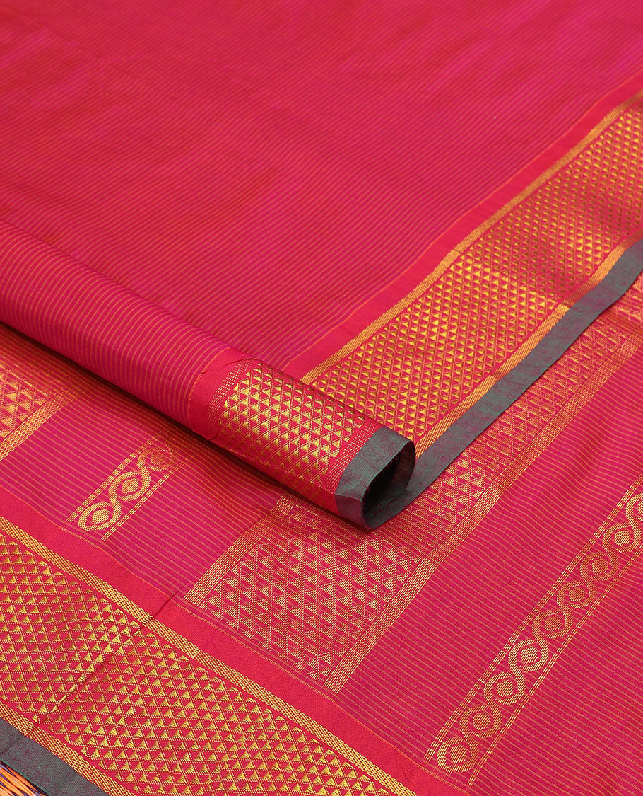 Red striped nine yards cotton saree with contrast ara maadam design border & striped, checked zari design pallu