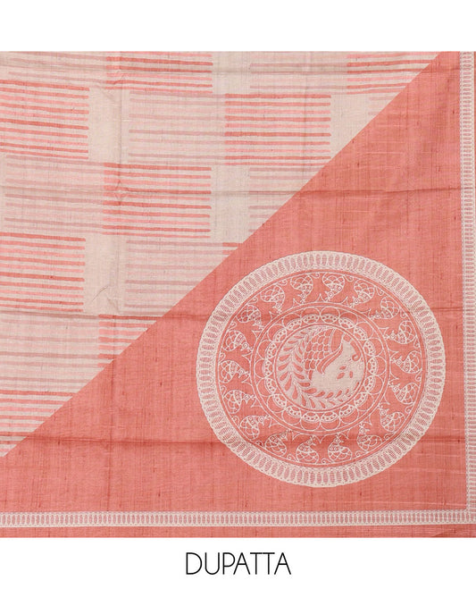Chikku semi-tussar material chudidar set,geometric & round peacock motif print top, peach bottom & geometric & round peacock print dupatta