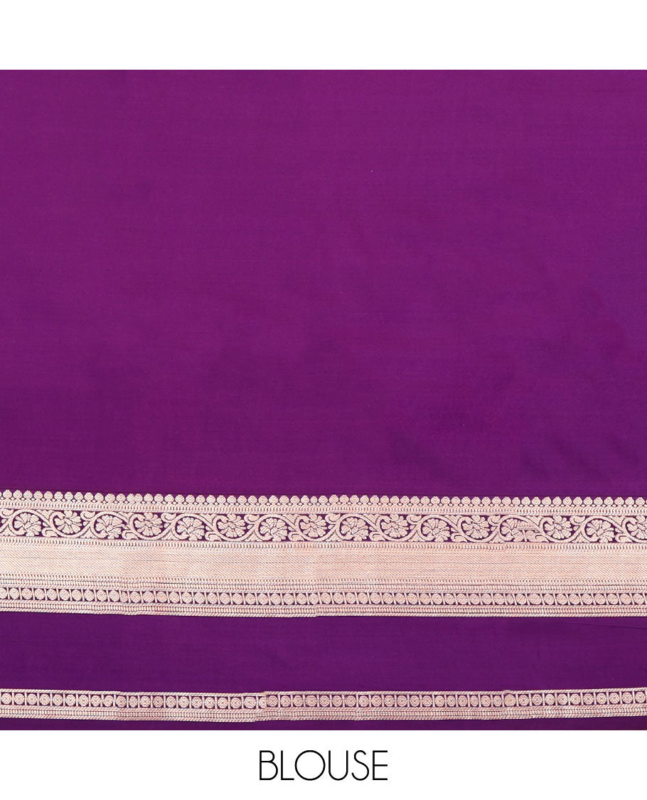 Lavender Budget Silk Saree, Bedecked with Zari Buttas, Complemented by a Contrast Traditional Zari Rettai Pettu Border, Pallu of Paisleys, and a Contrast Blouse