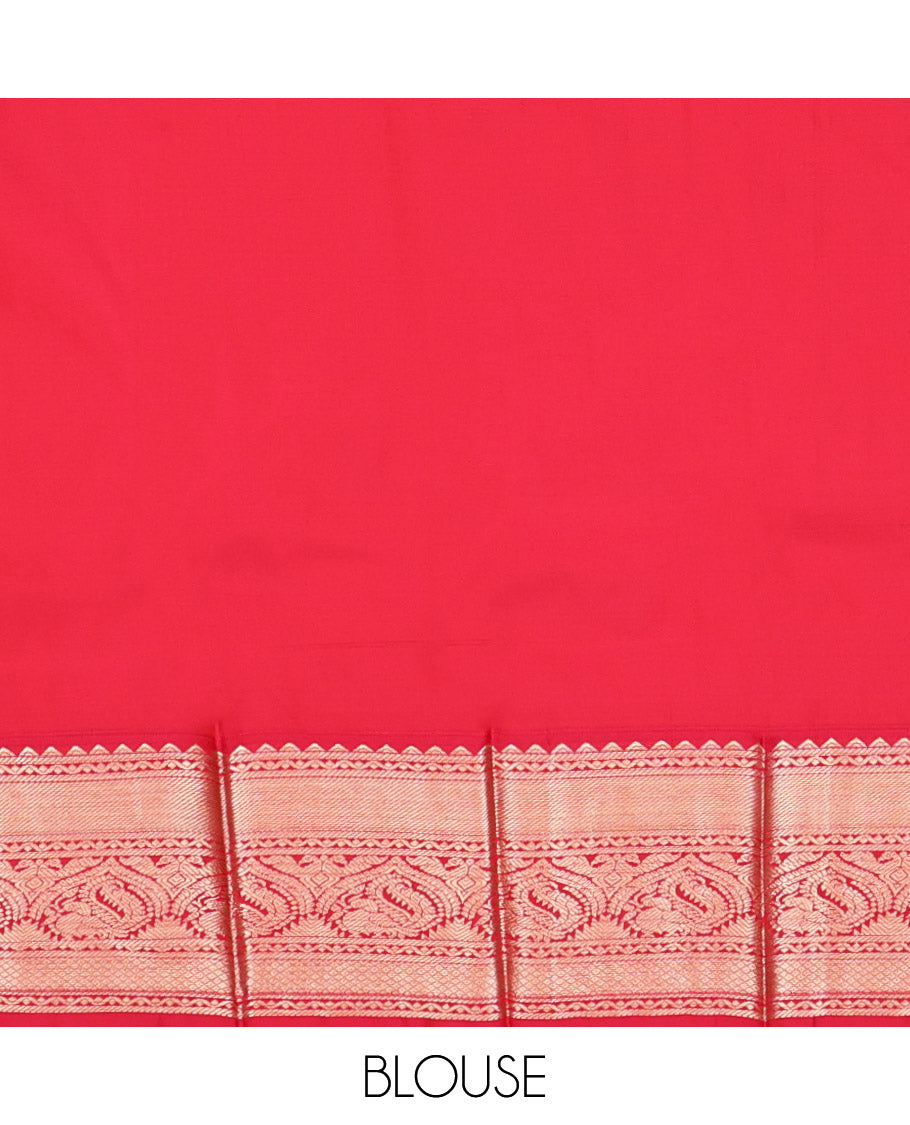 Orange Budget Silk Saree, Woven with Zari Buttas, Complemented by Contrast Traditional Border, Grand Pallu and a Contrast Blouse