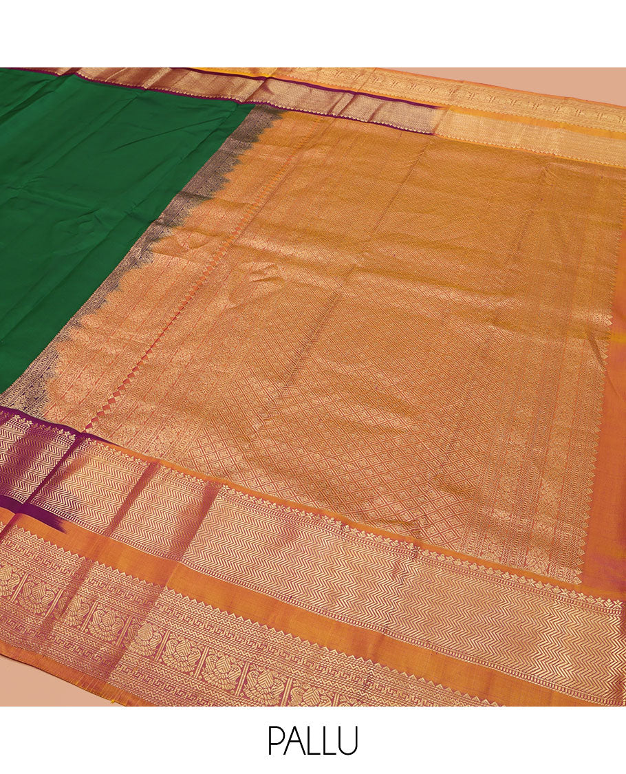 Green Plain Vasundhara Lite Silk Mix Saree, Complemented by a Contrast Border of Muthu, Vanki, Rekku, Banaras, Neli, and Iruthalai Pakshi Designs, Grand Jaal Pallu, and Paired with a Contrast Blouse