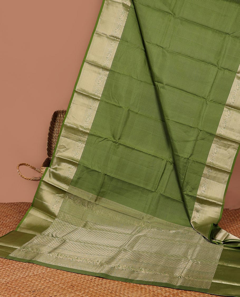 Green checked  silk saree with self traditional zari border & intricate zari design pallu