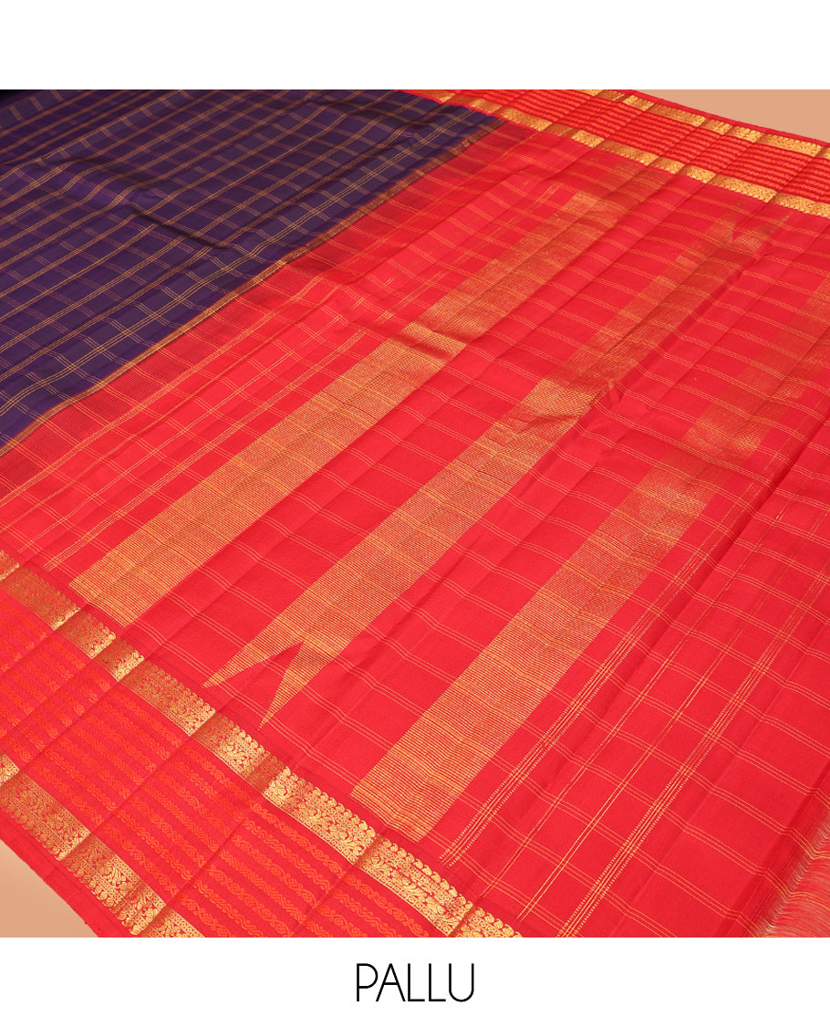 Purple Checked Kanchipuram Silk Saree, Adorned with Zari Buttas, Complemented by a Contrast Korvai  Border of Manga, and Kodi Visiry Designs, Temple Pallu, and a Contrast Blouse