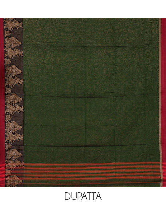 Green mercerised cotton material chudidar set, Madhubani-style bride-groom motif woven top, bottom & dupatta