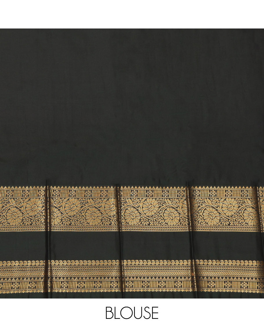 Red Budget Silk Saree, Enlivened with Floral Buttas, a Contrast Rettai Pettu Zari Border, a Grand Pallu and a Contrast Blouse
