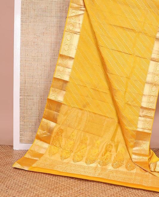 Yellow geometric design kancheepuram silk saree with self border of rekku, banaras, paun design & floral pallu
