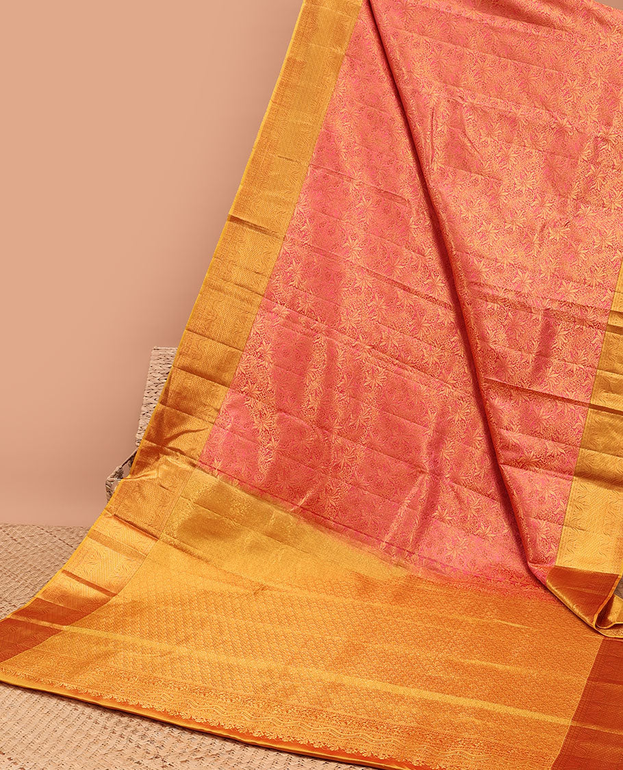 Red floral jacquard kancheepuram silk saree with contrast zari design border & traditional zari design pallu