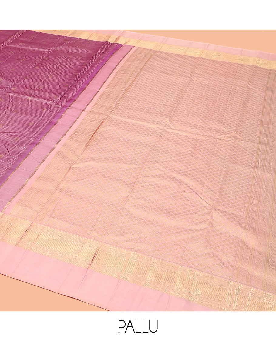 Pink Vasundhara Silk Saree, Bedecked with Zari Buttas and Checks, Complemented by a Contrast Kal Eragina Border of Ara Bogudi, Muthu, and Ara Maadam, Jaal Pallu, and a Contrast Blouse