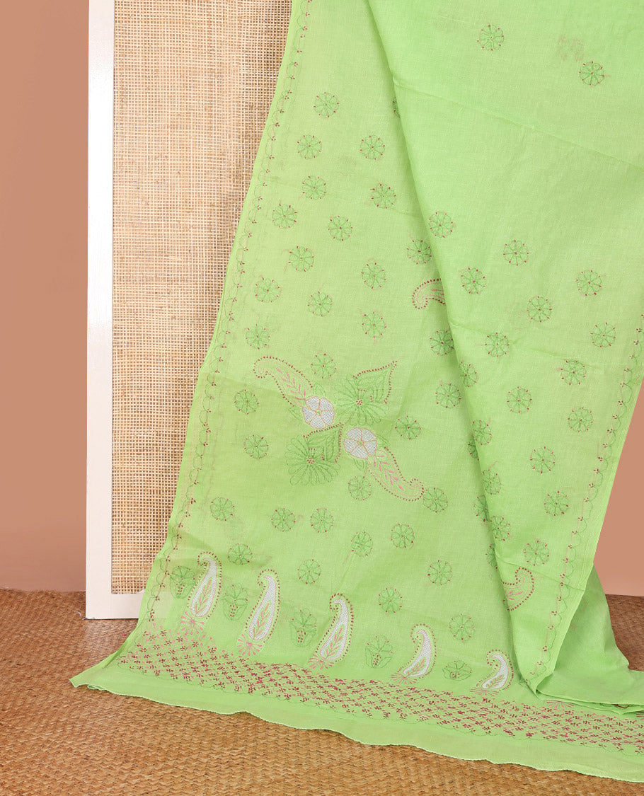 Green Lucknowi Chikankari Cotton Saree, Subtly Sparkled with Floral Motifs Embroidery on Its Body, Subtle Embroidery Border, Pallu of Floral-Paisley Embroidery, and Comes Without a Blouse