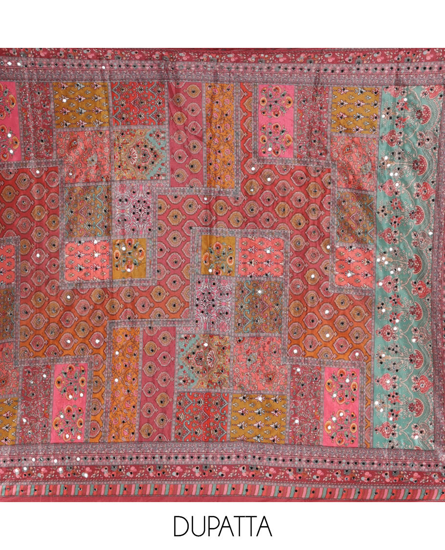 Pink chudidar material set, geometric printed with mirror work crepe top, geometric printed & work chinon kaleidoscopic-colored chinon dupatta & plain crepe bottom