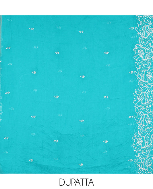 Cream-Firozi Blue Organza Material Chudidar, Floral Thread Embroidery Top, Contrast Bottom, and Embroidered Scallop Dupatta
