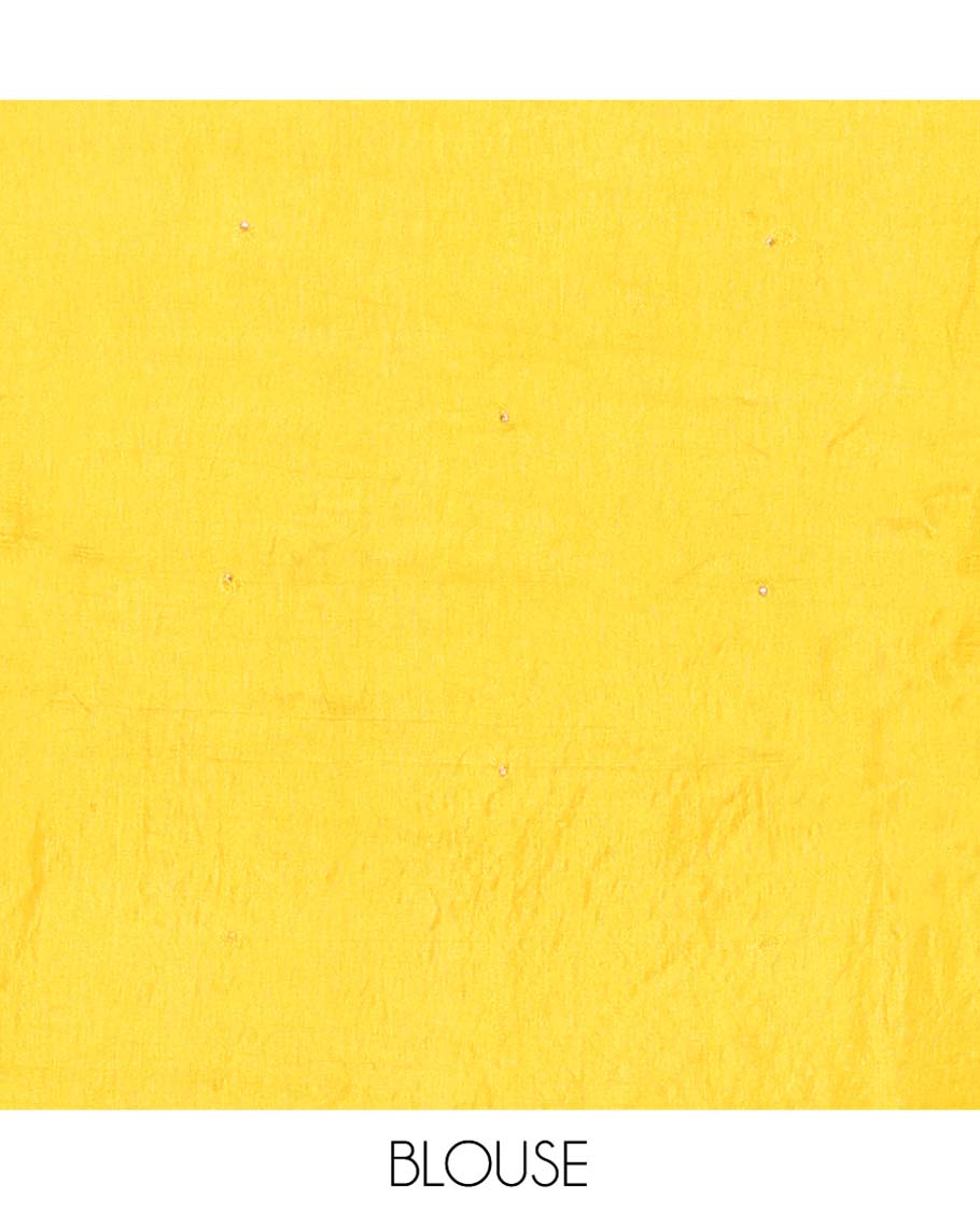 Yellow Plain Dola Silk Saree, Complemented by Contrast Mughal-Style Patterns Print and Embroidered Border, Intricately Designed Pallu, and Paired with a Matching Blouse