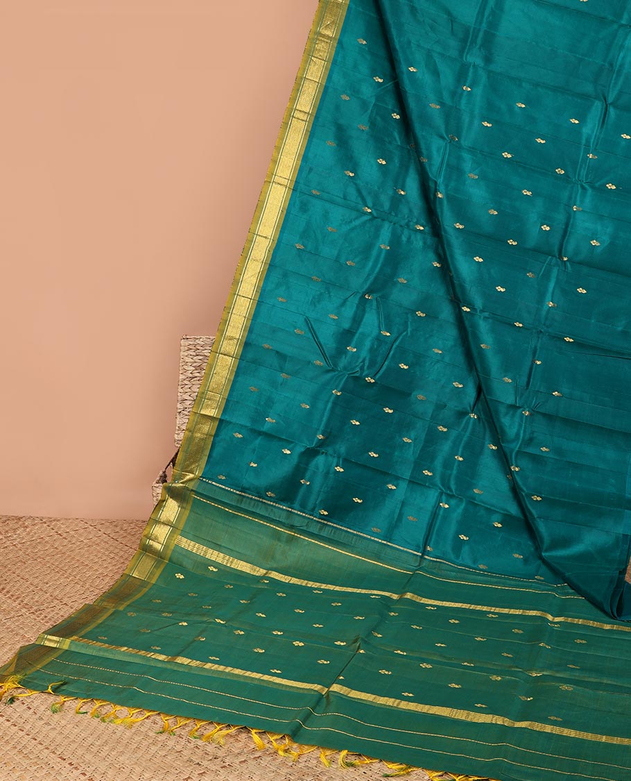 Green floral buttas kancheepuram silk saree with contrast border of banaras, jaal design & striped, floral design pallu