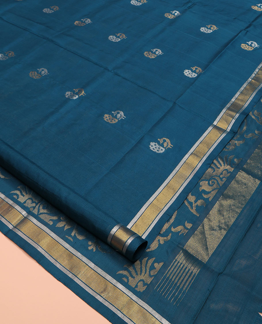 Blue Uppada Silk Saree, Enriched with Peacock Buttas All Over Its Body, Highlighted by a Zari Border, Pallu of Floral Vine Designs, and Paired with a Matching Blouse