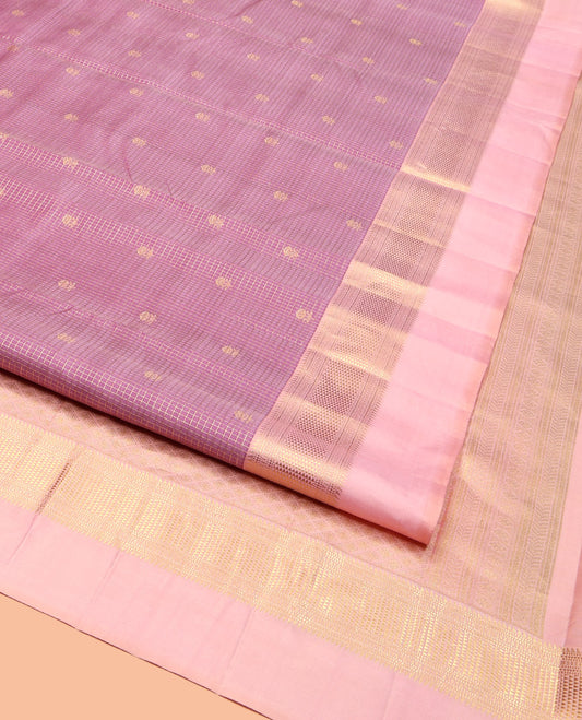 Pink Vasundhara Silk Saree, Bedecked with Zari Buttas and Checks, Complemented by a Contrast Kal Eragina Border of Ara Bogudi, Muthu, and Ara Maadam, Jaal Pallu, and a Contrast Blouse