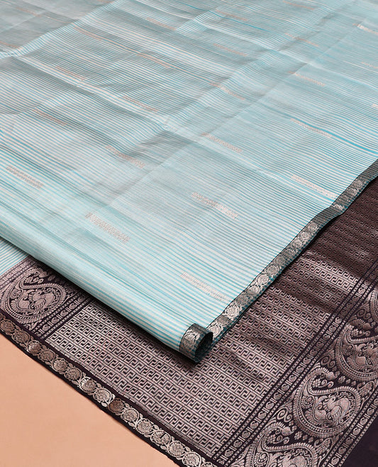 Blue Mayuri Soft Silk Saree, Sparsely Woven with Buttas and Stripes All Over Its Body, Complemented by Contrast Kodi Visiry Border, Pallu of Greek Key, and Manga Designs, and Paired with a Contrast Blouse