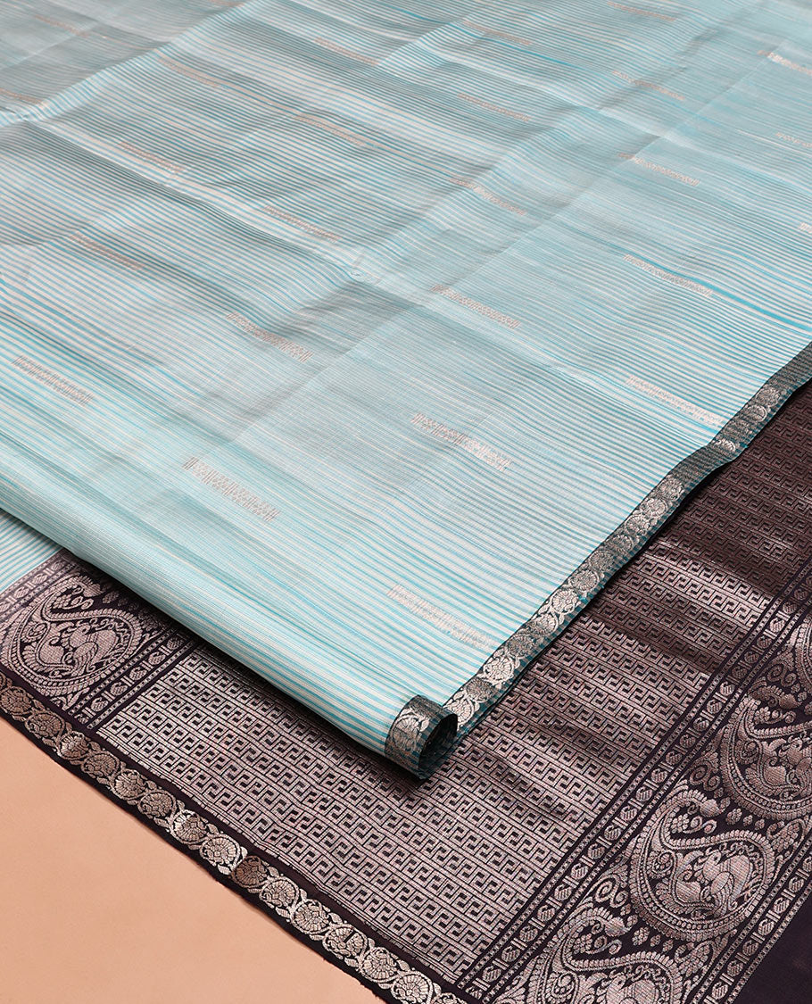 Blue Mayuri Soft Silk Saree, Sparsely Woven with Buttas and Stripes All Over Its Body, Complemented by Contrast Kodi Visiry Border, Pallu of Greek Key, and Manga Designs, and Paired with a Contrast Blouse