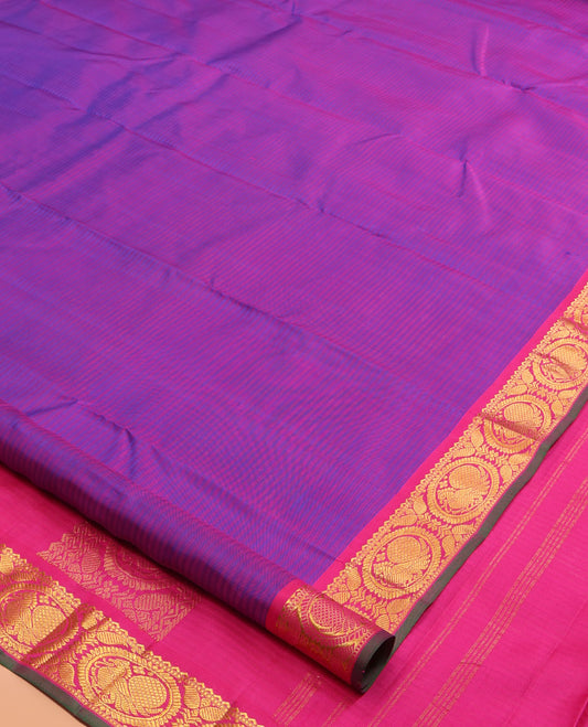 Pink-Violet Kanchipuram Silk Saree, Woven with Vazaipoo Stripes and Zari Buttas, a Contrast Round Mayil Border, Round Mayil Pallu, and a Contrast Blouse