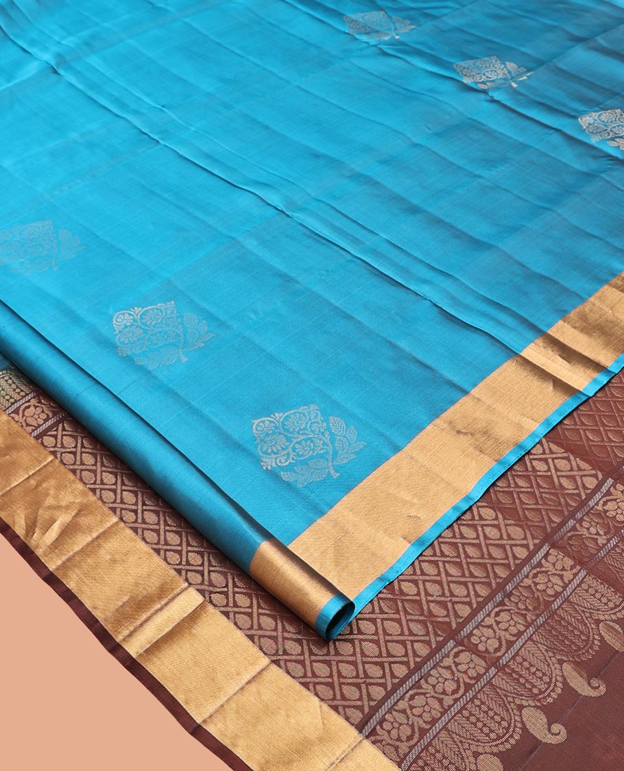 Blue Mayuri Lite Silk Mix Saree, Sparsely Woven with Zari Buttas on Its Body, Highlighted by Zari Bavanji Border, Complemented by a Contrast Pallu of Jaal Designs, and Paired with a Contrast Blouse