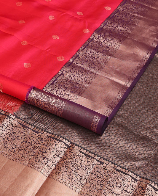 Red floral buttas silk saree with contrast intricate zari design border & checked, floral design pallu