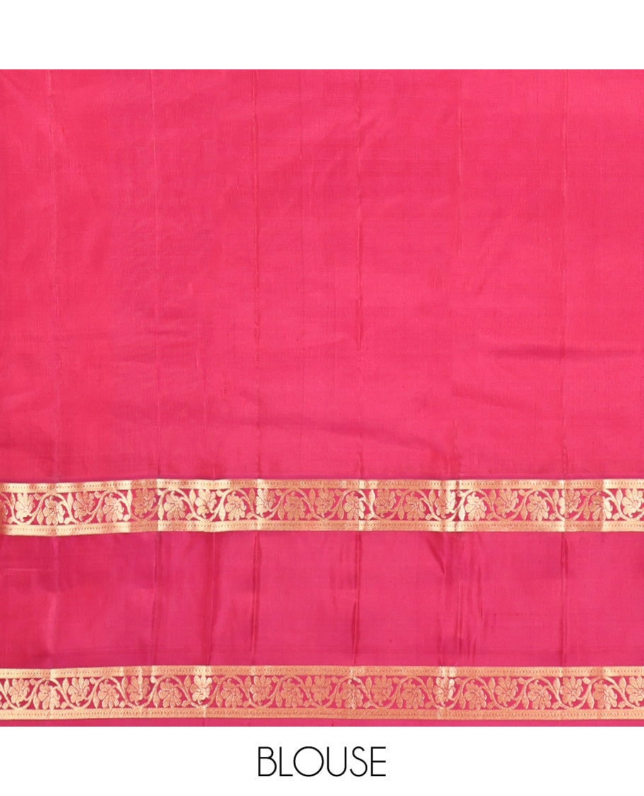 Sandal Plain Kanchipuram Silk Saree, a Contrast Rettai Pettu Border of Kodi Visiry Designs, Intricate Pallu, and a Contrast Blouse