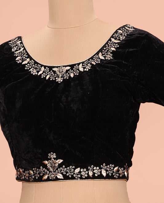 Black floral embroidered front round neck and back leaf neck with elbow sleeve velvet blouse