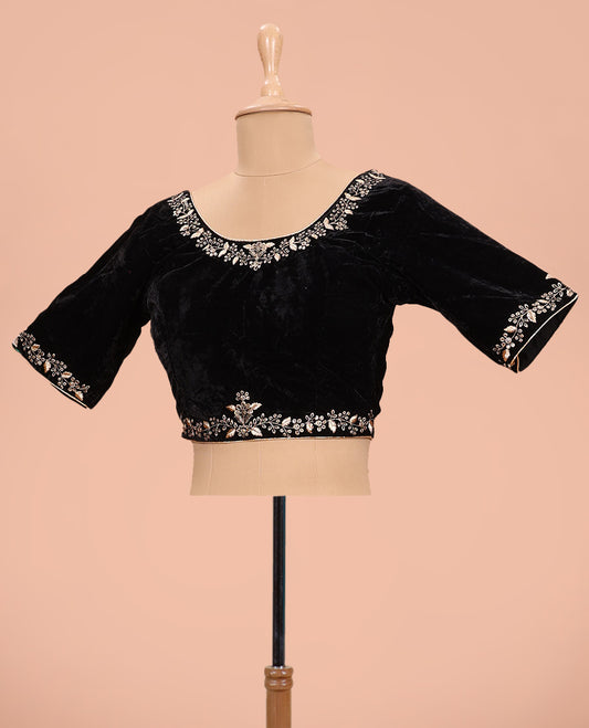 Black floral embroidered front round neck and back leaf neck with elbow sleeve velvet blouse