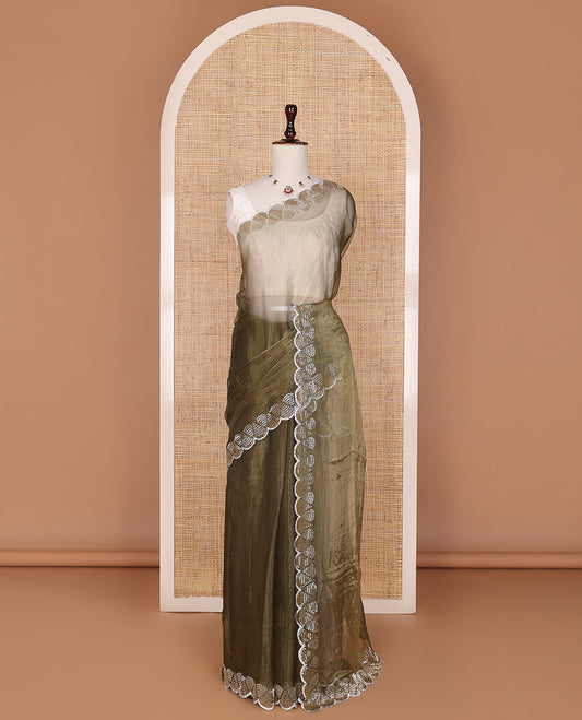 Antique Gold plain body organza saree, scallop kardana stone embroidered border & matching embroidered blouse