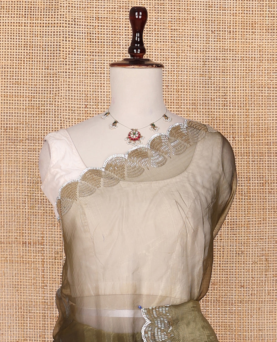 Antique Gold plain body organza saree, scallop kardana stone embroidered border & matching embroidered blouse