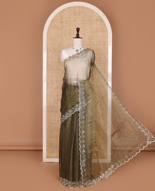 Antique Gold plain body organza saree, scallop kardana stone embroidered border & matching embroidered blouse