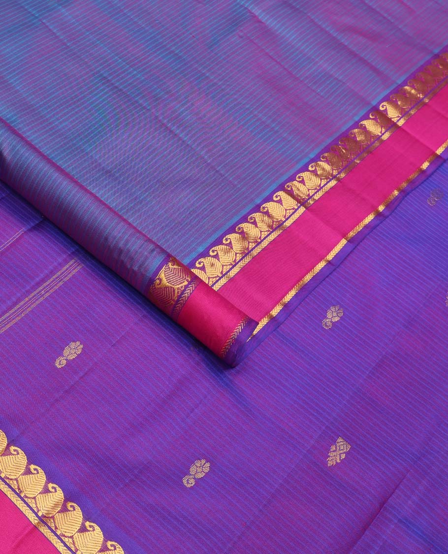 Violet dual-toned striped with buttas Kanchipuram silk saree, contrast rettai pettu border of vanki manga, and kathir designs, and zari woven pallu