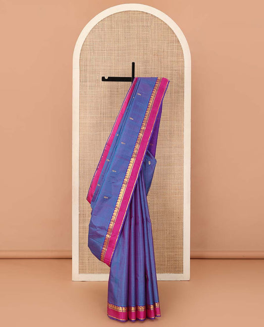 Violet dual-toned striped with buttas Kanchipuram silk saree, contrast rettai pettu border of vanki manga, and kathir designs, and zari woven pallu
