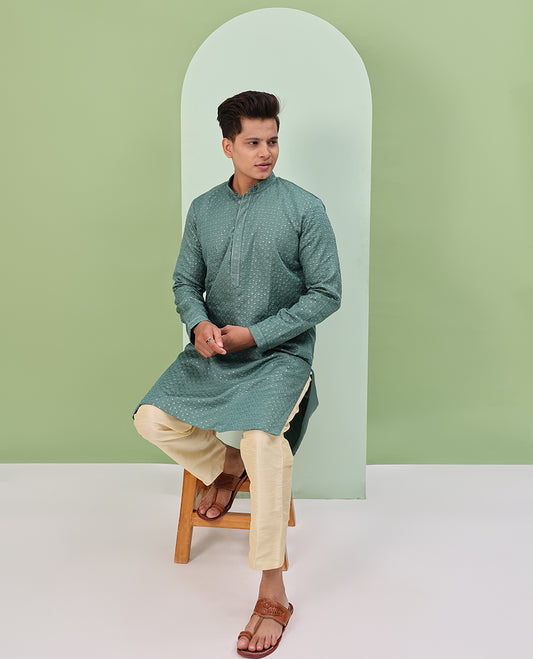 Pastel green sequins and thread embroidered full-sleeved readymade kurta
