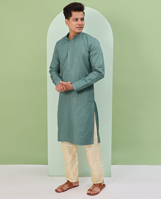 Pastel green sequins and thread embroidered full-sleeved readymade kurta