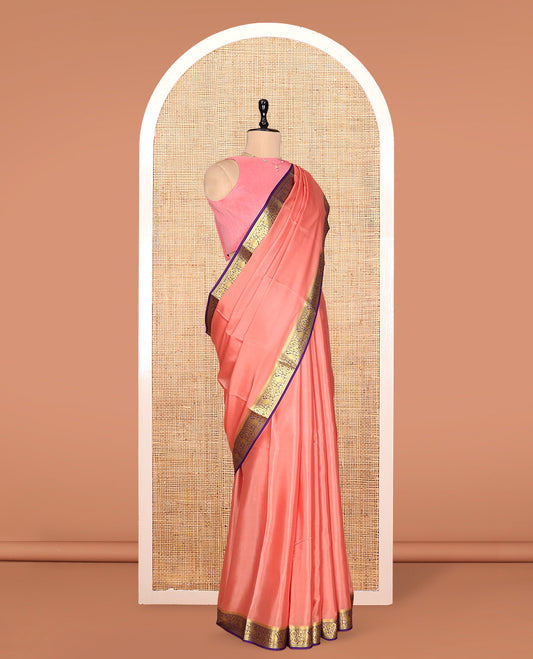Pink Plain Mysore Silk Saree, Complemented by a Contrast Traditional Zari Border, Intricate Pallu, and a Contrast Blouse