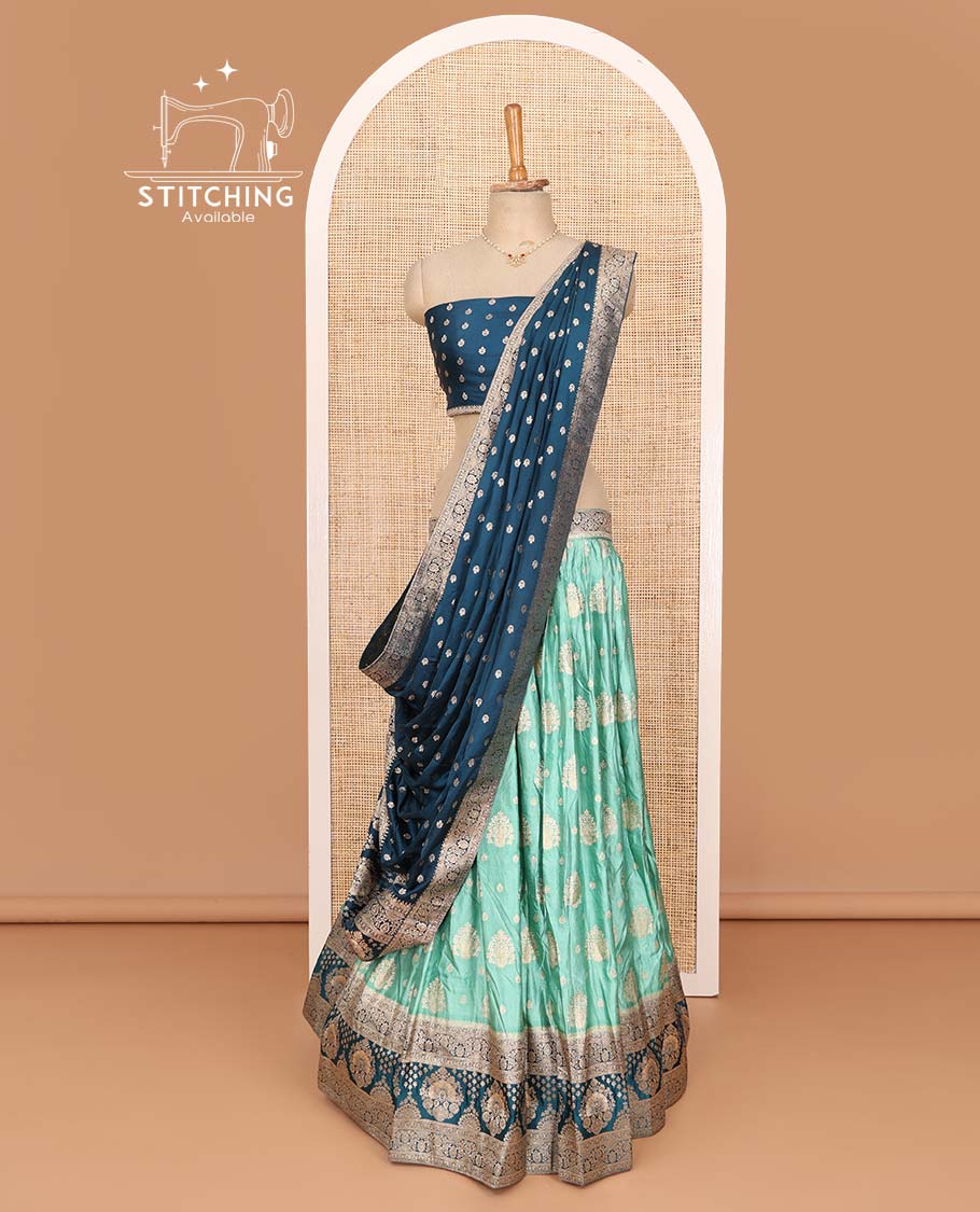 Green lehenga set, intricate motifs with contrast Mughal style bordered skirt, jacquard blouse, and banarasi zari design dhavani