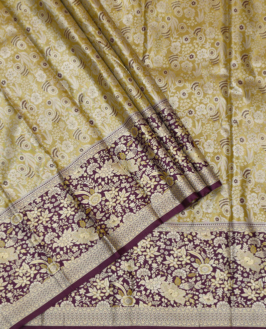 Green Art Silk Pavadai Material, Bedecked with Jacquard Design, Contrast Floral Zari Design Border, and Comes with a Contrast Blouse