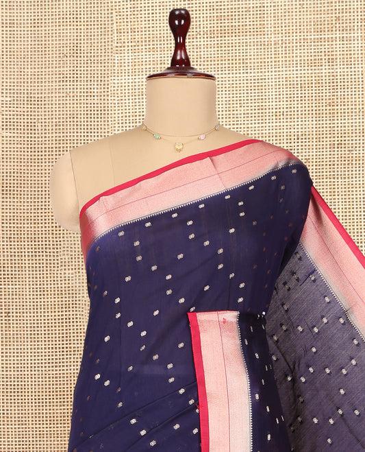 Blue Assam Silk Saree, Graced with Zari Buttas, Complemented by Contrast Zari Border,  Zari Woven Pallu, and Contrast Blouse