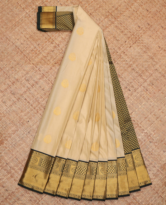 Cream Budget Silk Saree, Elevated with  Zari Buttas, Complemented by a Contrast Traditional Zari Border, Grand Jaal Pallu, and Contrast Blouse