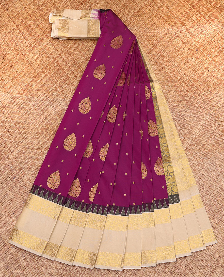 Purple Budget Silk Saree, Accentuated with Zari Buttas, Complemented by a Contrast Traditional Rettai Pettu Temple Border, Grand Pallu, and a Contrast Blouse